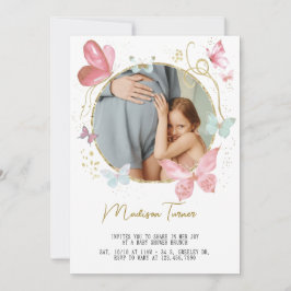 Convite Gold Pink Floral Butterfly Baby Shower Photo 