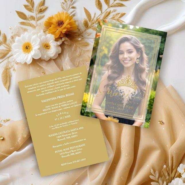 Convite Gold Princess Tiara Exquisite Overlay Vellum XV (Faux Gold Princess Tiara Exquisite Overlay Vellum Effect Quinceañera Sophisticated Photo Invitation.)
