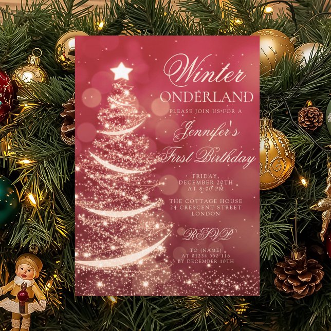 Convite Gold Red Christmas Winter Onederland 1st Birthday (Gold Red Christmas Winter Onederland 1st Birthday Invitation)