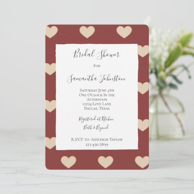 Convite Gold Red Cream Glitter Hearts Bridal Shower (Em pé/Frente)