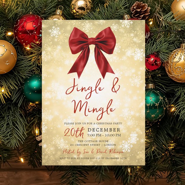 Convite Gold Red Jingle Mingle Christmas Party Bow & Snow  (Gold Red Jingle Mingle Christmas Party Bow & Snow Invitation)