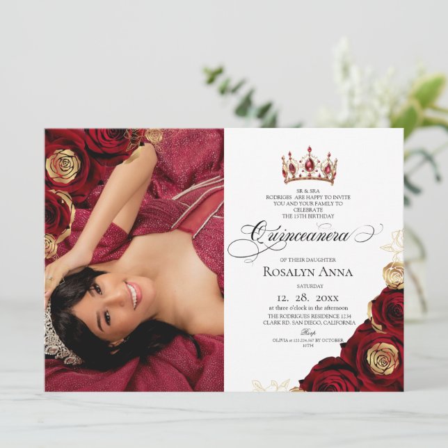 Convite Gold Red Rose Princess Quinceañera  (Em pé/Frente)