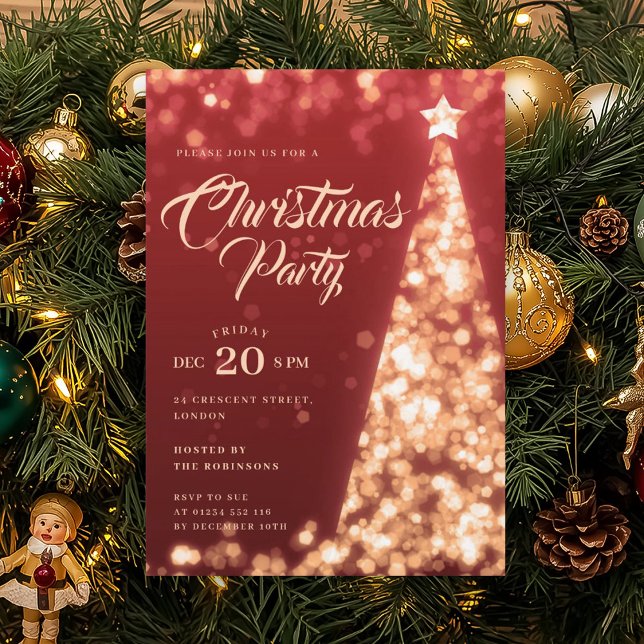 Convite Gold Red Winter Christmas Tree Holiday Party (Gold Winter Diamonds Glitter Christmas Party Invitation)