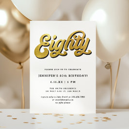 Convite Gold Retro Script Black White 80th Birthday Party