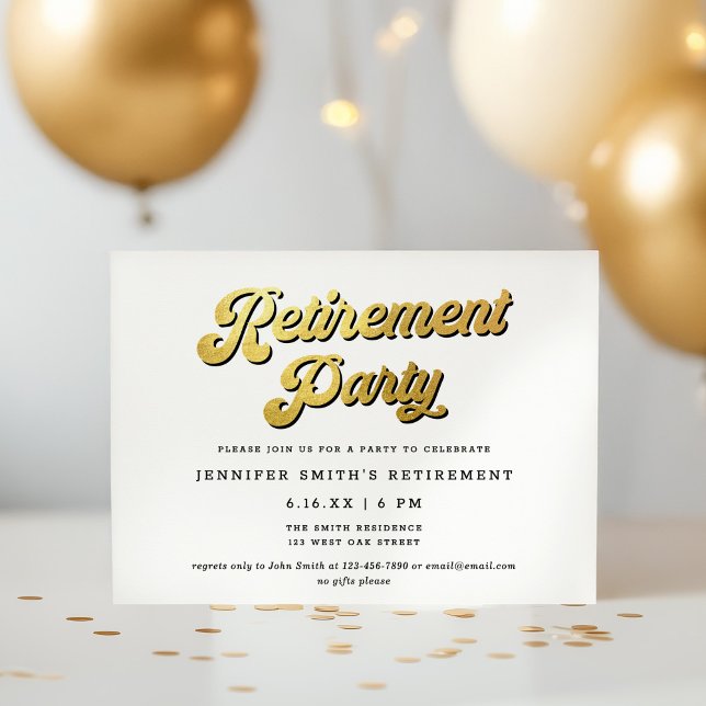 Convite Gold Retro Script Black & White Retirement Party (Criador carregado)