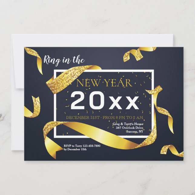 Convite Gold Ribbon New Year Party Invitation (Frente)