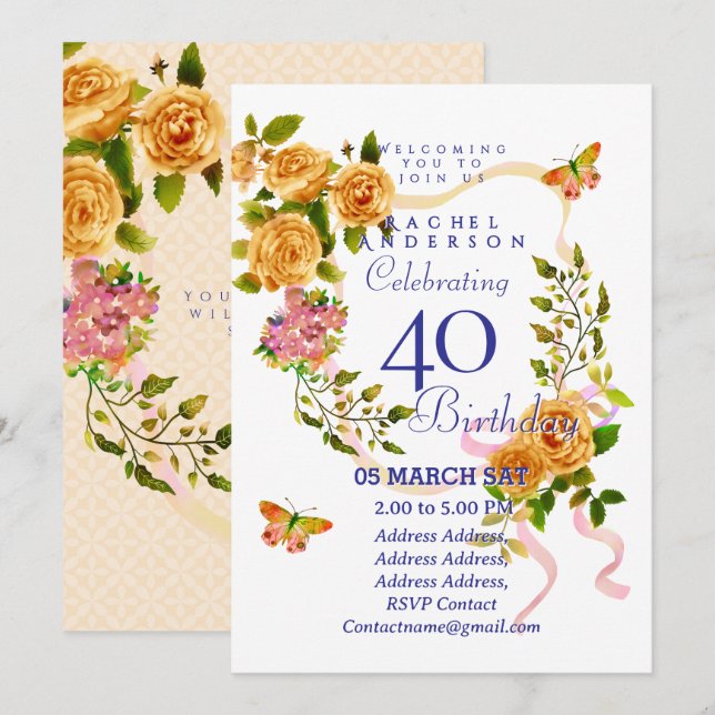 Convite Gold Rose Ribbon 40th  Birthday Invitation (Frente/Verso)