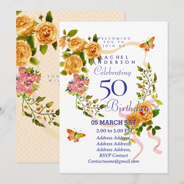 Convite Gold Rose Ribbon 50th  Birthday Invitation (Frente/Verso)