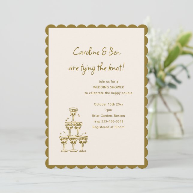 Convite Gold Scallop Champagne Tower Doodle Wedding Shower (Em pé/Frente)