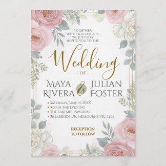 Convite Gold Script Blush Pink Dusty Blue Floral Wedding