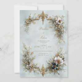 Convite Gold Scroll Frame White Floral Dusty Blue Wedding