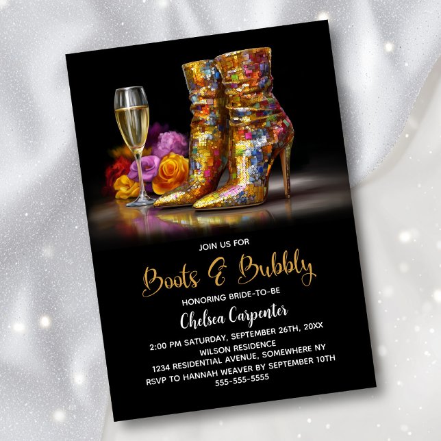 Convite Gold Sequin Boots and Bubbly Bridal Shower (Criador carregado)