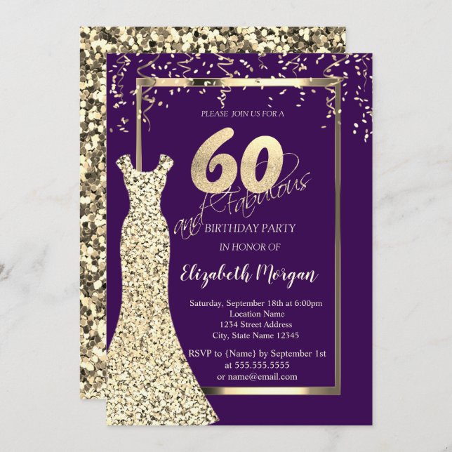 Convite Gold Sequins Dress Purple 60th Birthday  (Frente/Verso)