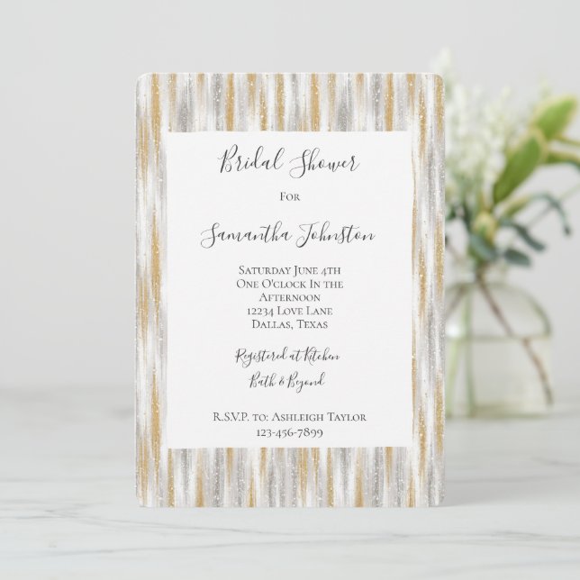 Convite Gold Silver Chic Glam Glitzy Stripes Bridal Shower (Em pé/Frente)