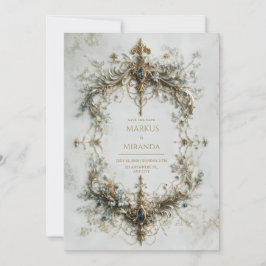 Convite Gold Silver Frame Blue Gemstone Baroque Wedding