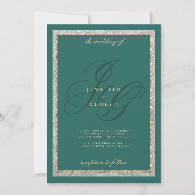 Convite Gold silver jade green monogram initals wedding (Frente)