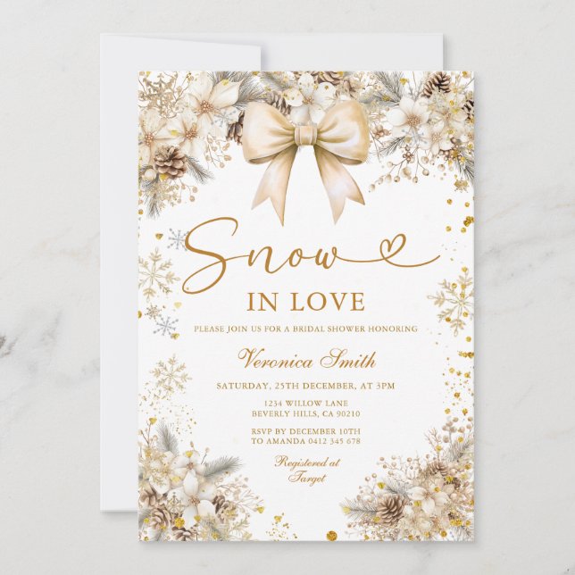 Convite Gold Snowflake Snow in Love Winter Bridal Shower (Frente)