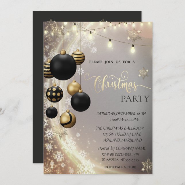 Convite Gold Snowflakes,Black Balls,Lights Christmas  (Frente/Verso)