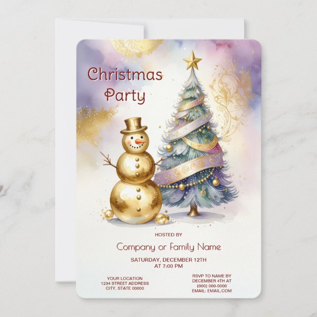 Convite Gold Snowman Christmas Tree Holiday Party (Frente)