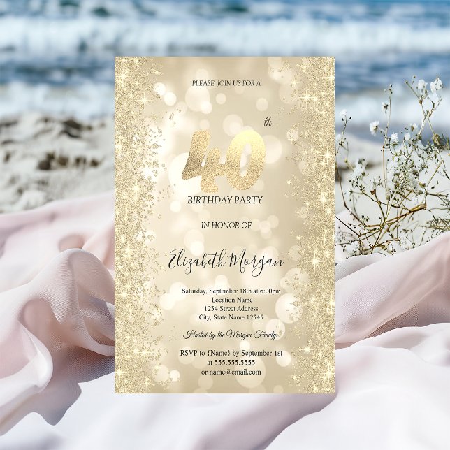 Convite Gold Sparkle Diamonds Bokeh 40th Birthday   (Criador carregado)