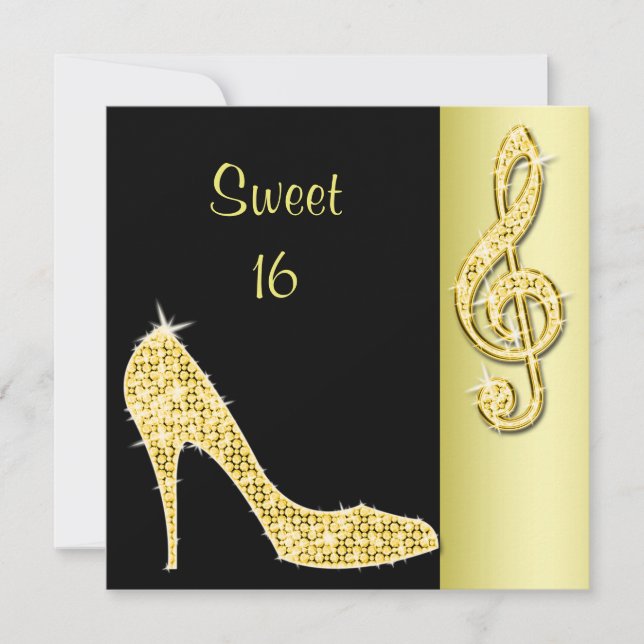 Convite Gold Stiletto & Treble Cleft Doce 16 Aniversário (Frente)
