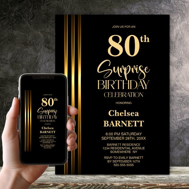 Convite Gold Striped Black 80th Surprise Birthday Party (Criador carregado)