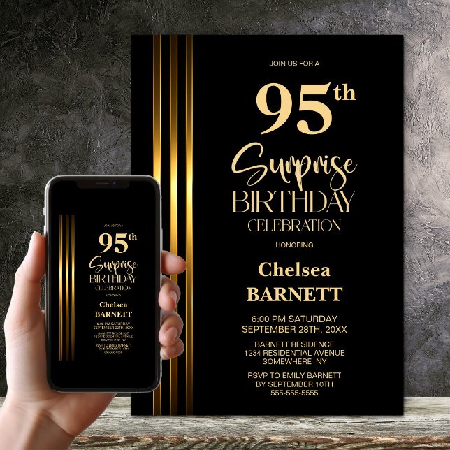 Convite Gold Striped Black 95th Surprise Birthday Party (Criador carregado)