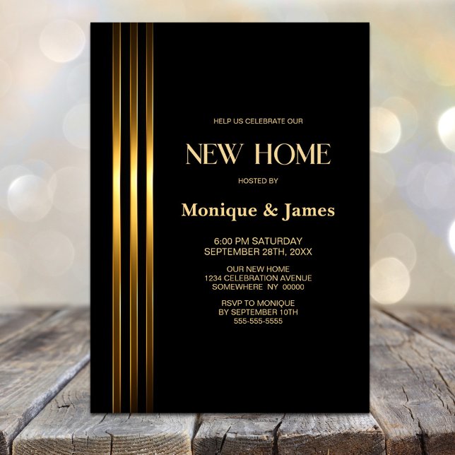Convite Gold Striped Black Housewarming Party (Criador carregado)