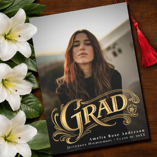 Convite Gold Stylish Vintage Grad Photo Announcement Card 