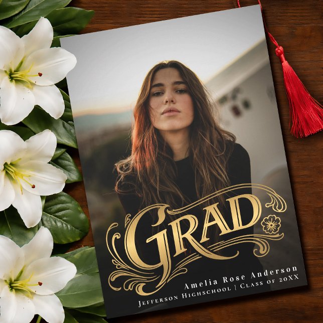 Convite Gold Stylish Vintage Grad Photo Announcement Card  (Criador carregado)