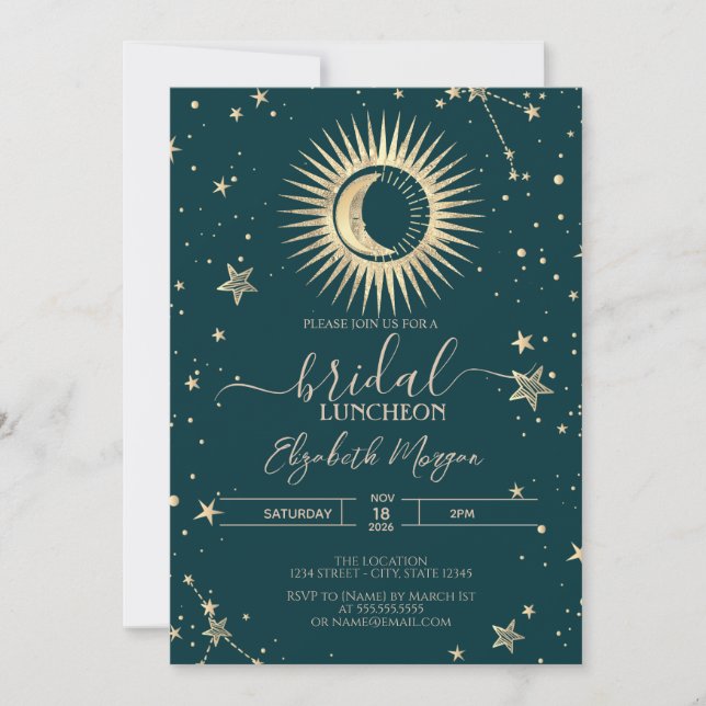 Convite Gold Sun And Moon Stars Green Bridal Luncheon (Frente)