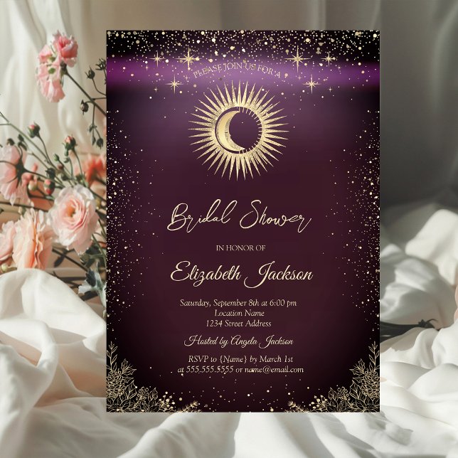 Convite Gold Sun,Moon,Stars Flowers Burgundy Bridal Shower (Criador carregado)