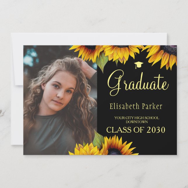 Convite Gold sunflowers 2 photos graduation announcement (Frente)