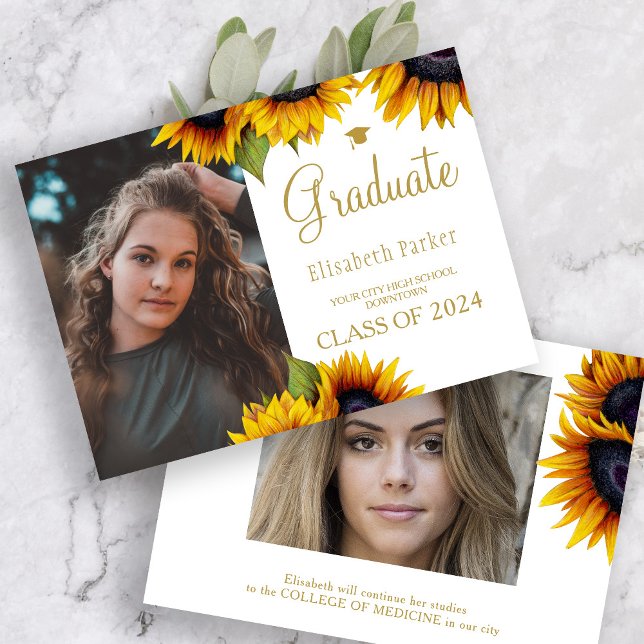Convite Gold sunflowers 2 photos graduation announcement (Criador carregado)