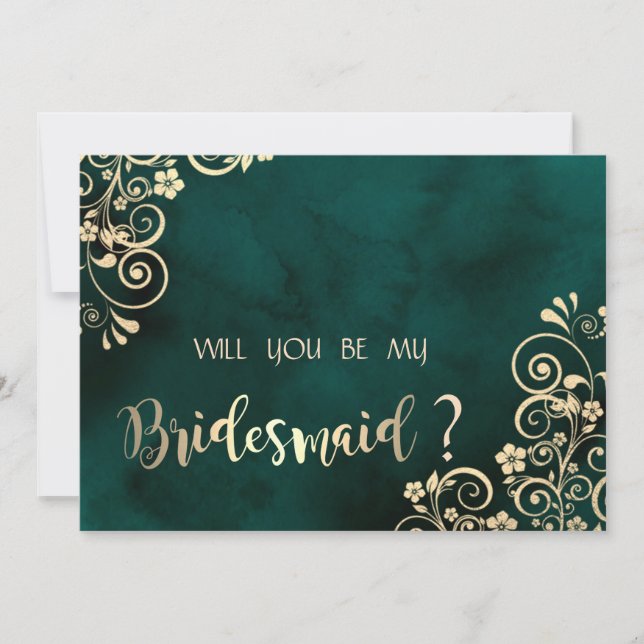 Convite Gold Swirls Emerald Green Bridesmaid Card (Frente)