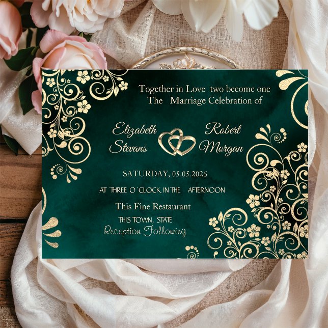 Convite Gold Swirls Emerald Green Wedding  (Criador carregado)