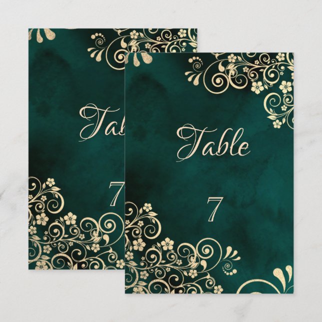 Convite Gold Swirls Emerald Green Wedding Table Number (Frente/Verso)