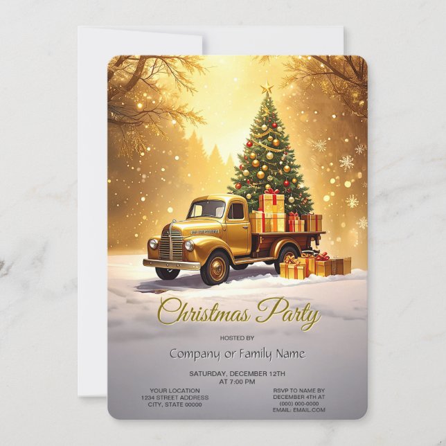 Convite Gold Truck Christmas Tree Holiday Party Invitation (Frente)