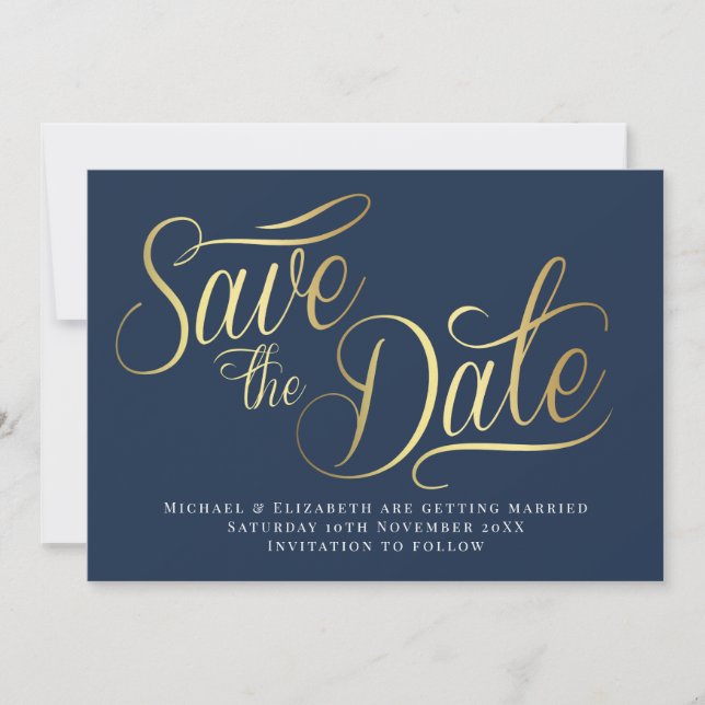 Convite Gold Typo Modern Blue Save The Date Card (Frente)