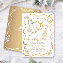 Gold White New Year Cheer Hand Drawn Sketch Party