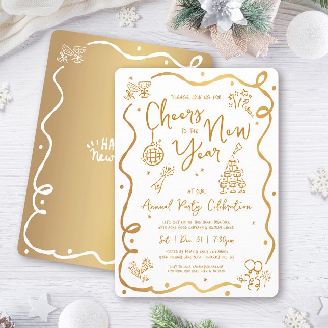Convite Gold White New Year Cheer Hand Drawn Sketch Party (Criador carregado)