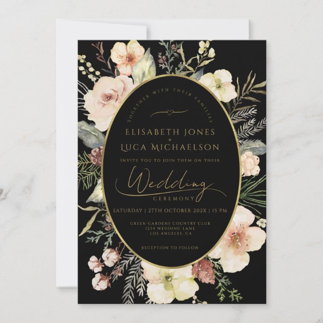 Convite Gold Winter Black Flora Botanical Monogram Wedding (Frente)