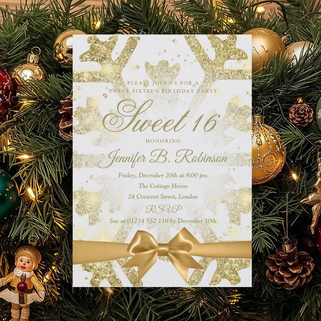 Convite Gold Winter Glitter Bow Sweet 16 Birthday Party (Gold Winter Glitter Bow Sweet 16 Birthday Party Invitation)
