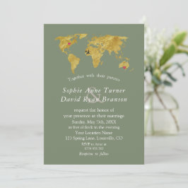Convite Gold World Map Destination Sage Green Wedding