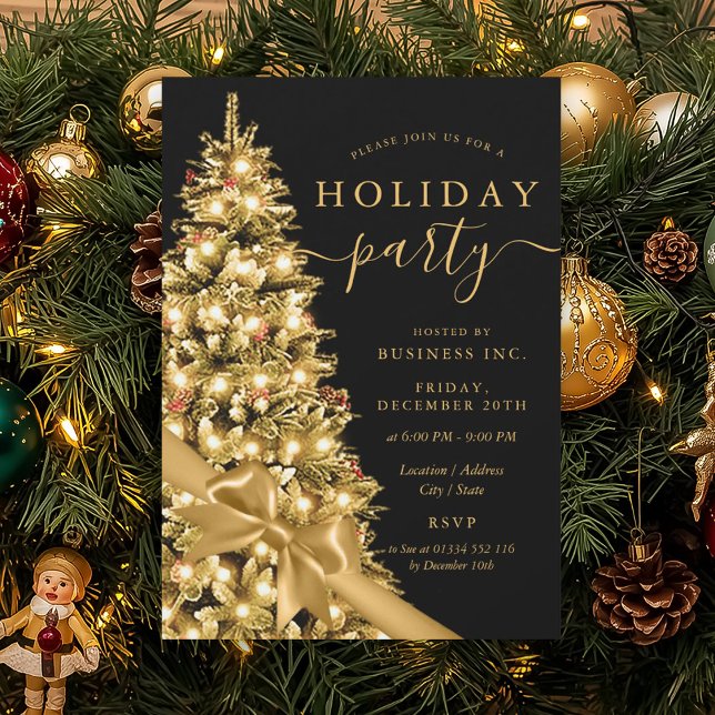 Convite Gold Xmas Tree Bow Corporate Holiday Party  (Gold Xmas Tree Bow Corporate Holiday Party Invitation)