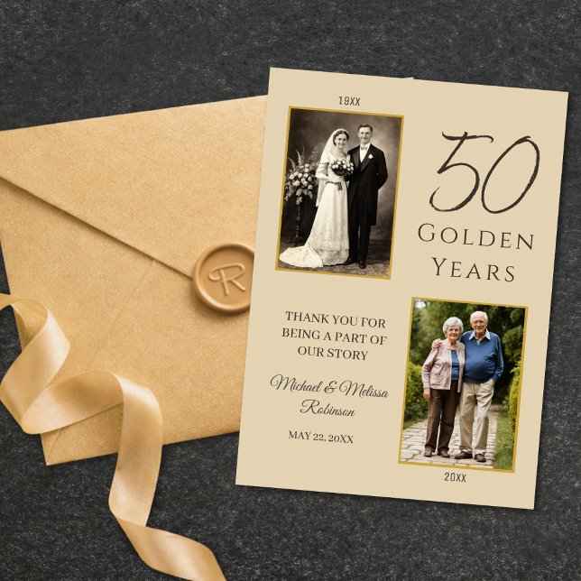 Convite Golden 50 Years Anniversary Photo Thank You Card (Elegant ivory and gold 50th anniversary thank you card with photo timeline design.)