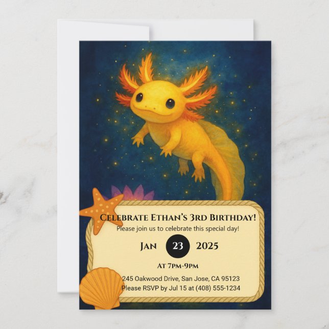 Convite Golden Axolotl Over Lotus Pond Birthday  (Frente)