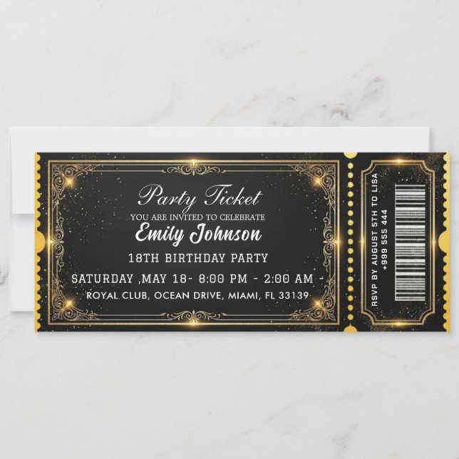 Convite Golden Birthday Party Ticket Invitation 2026 (Frente)
