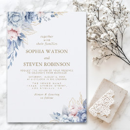 Convite Golden Bloom: Blue & White Floral Wedding