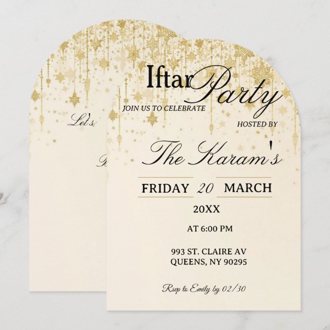 Convite Golden Boho Minimalist Mosque Ramadan Iftar Party  (Frente/Verso)